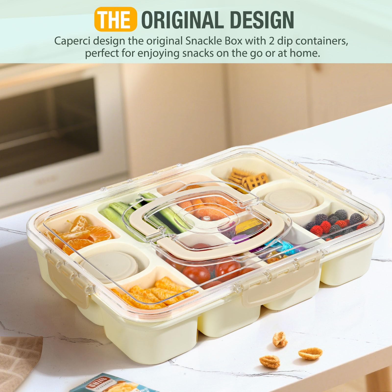 Caperci Snackle includes two built-in dressing containers for dips and sauces.