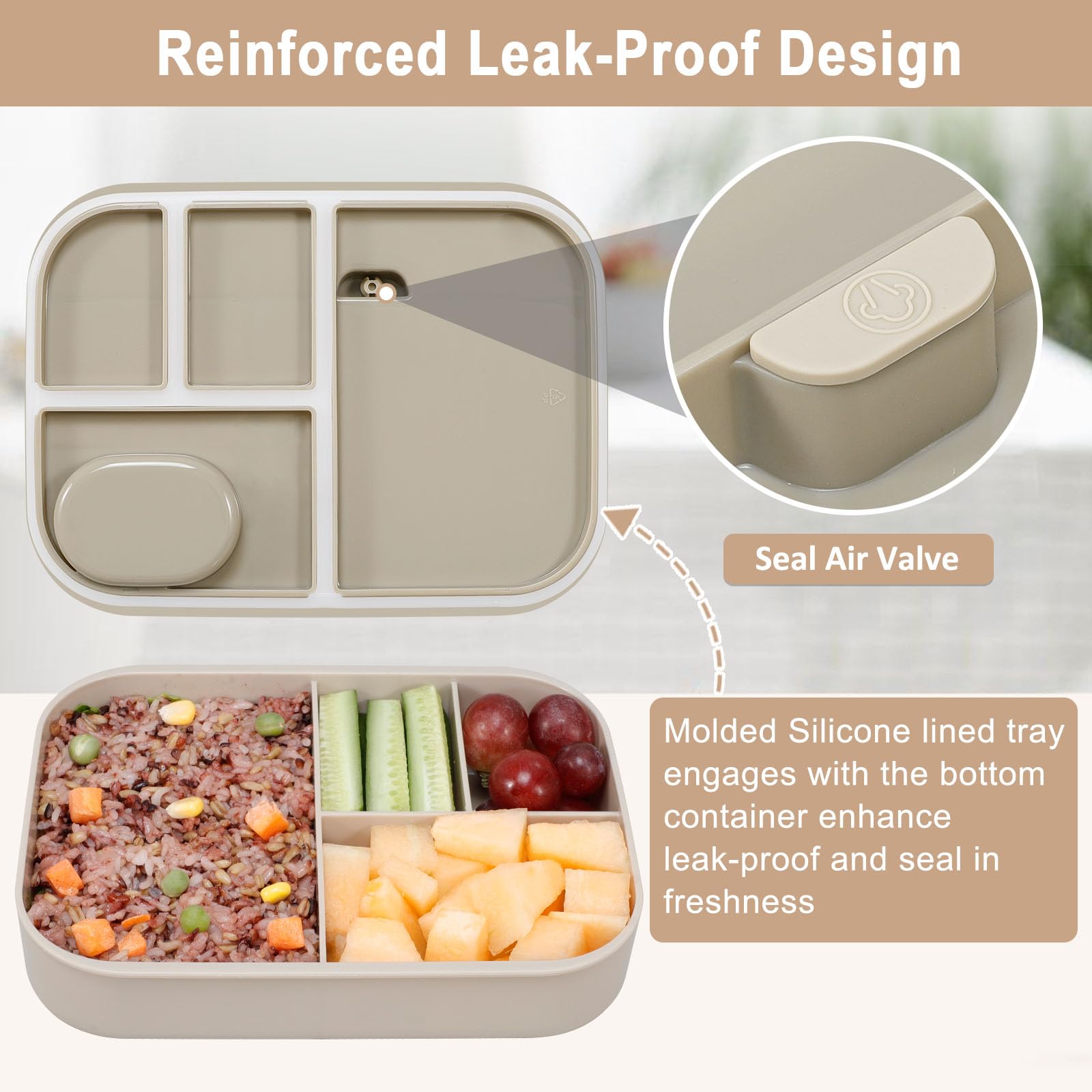 Caperci pale mocha bottom seal prevents leaks for portable lunch storage.