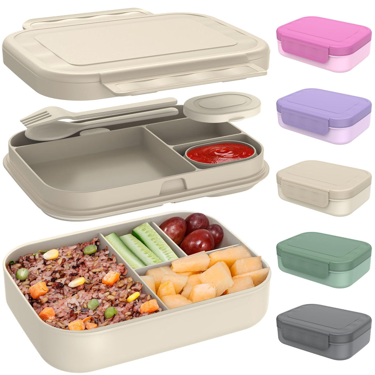 Caperci stackable bento box pale mocha top view with built-in utensils for quick, mess-free lunches.