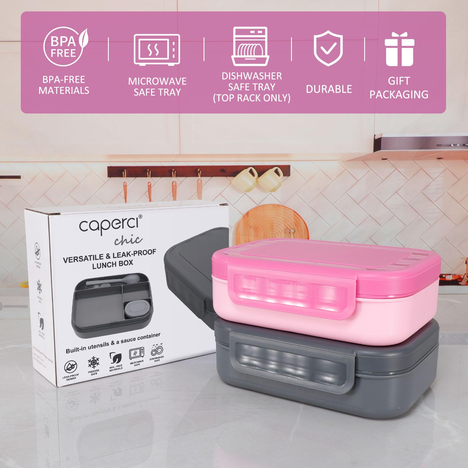 Caperci includes sauce container and utensils for complete meals.