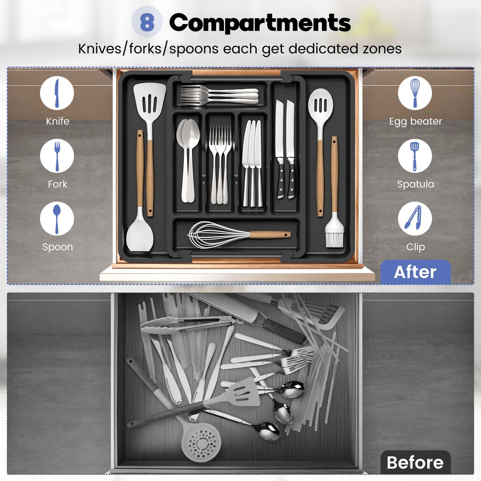 Caperci wide compartments hold flatware and tools neatly.