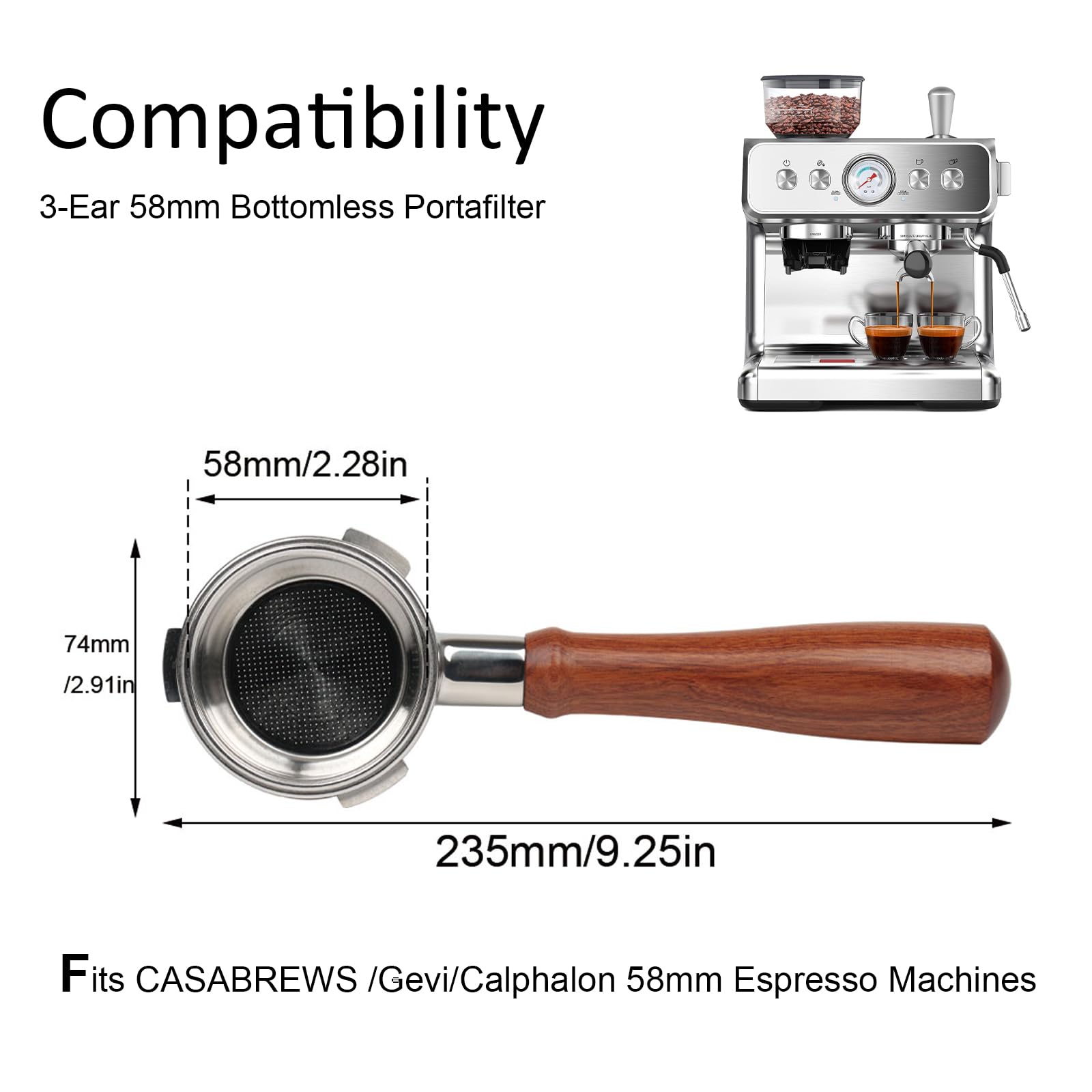 CAPFEI wooden-handle bottomless portafilter offers ergonomic grip during manual extraction.