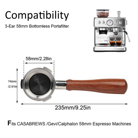 CAPFEI wooden-handle bottomless portafilter offers ergonomic grip during manual extraction.