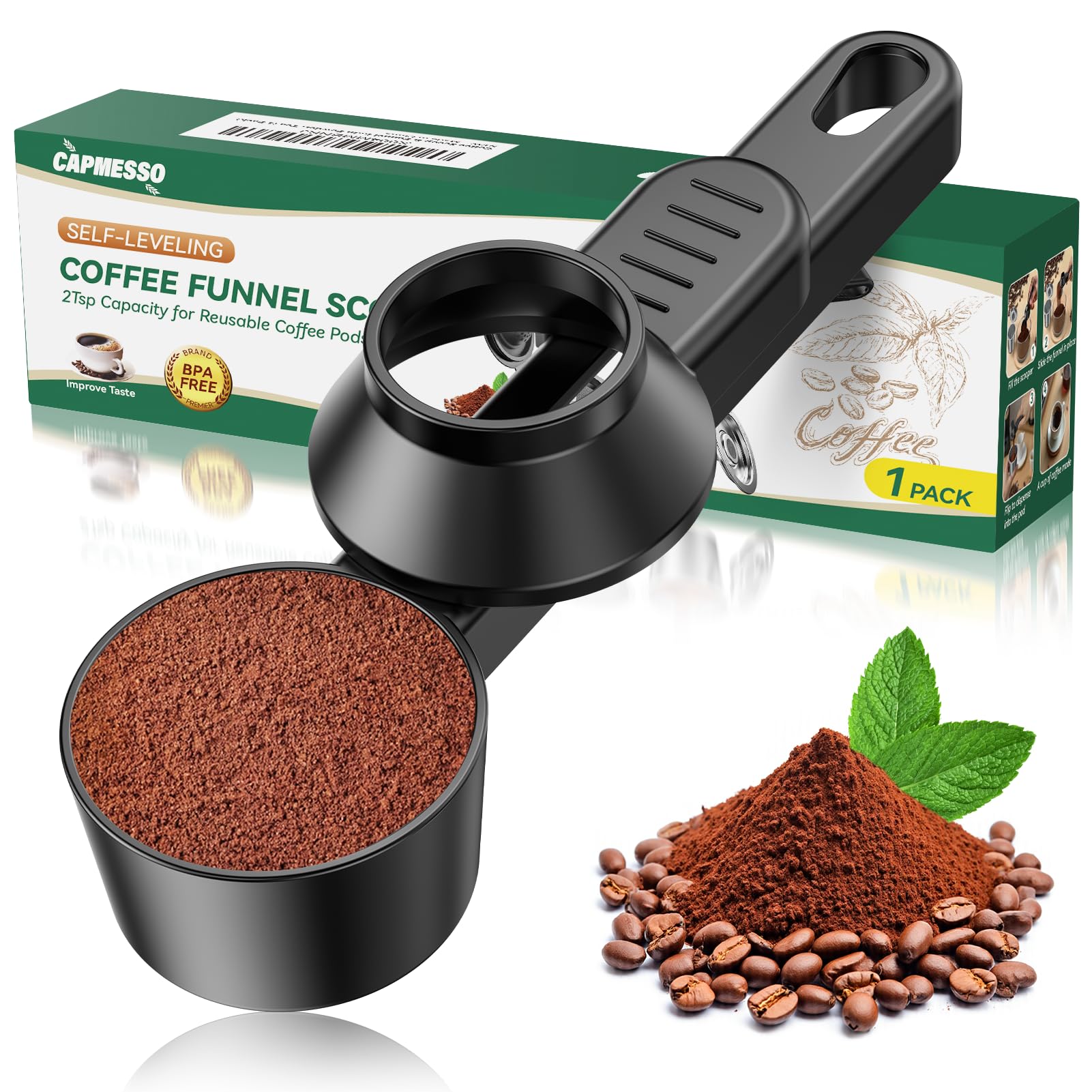 CAPMESSO coffee scoop and funnel for reusable K-Cup pods with precise 2 tbsp measurement.