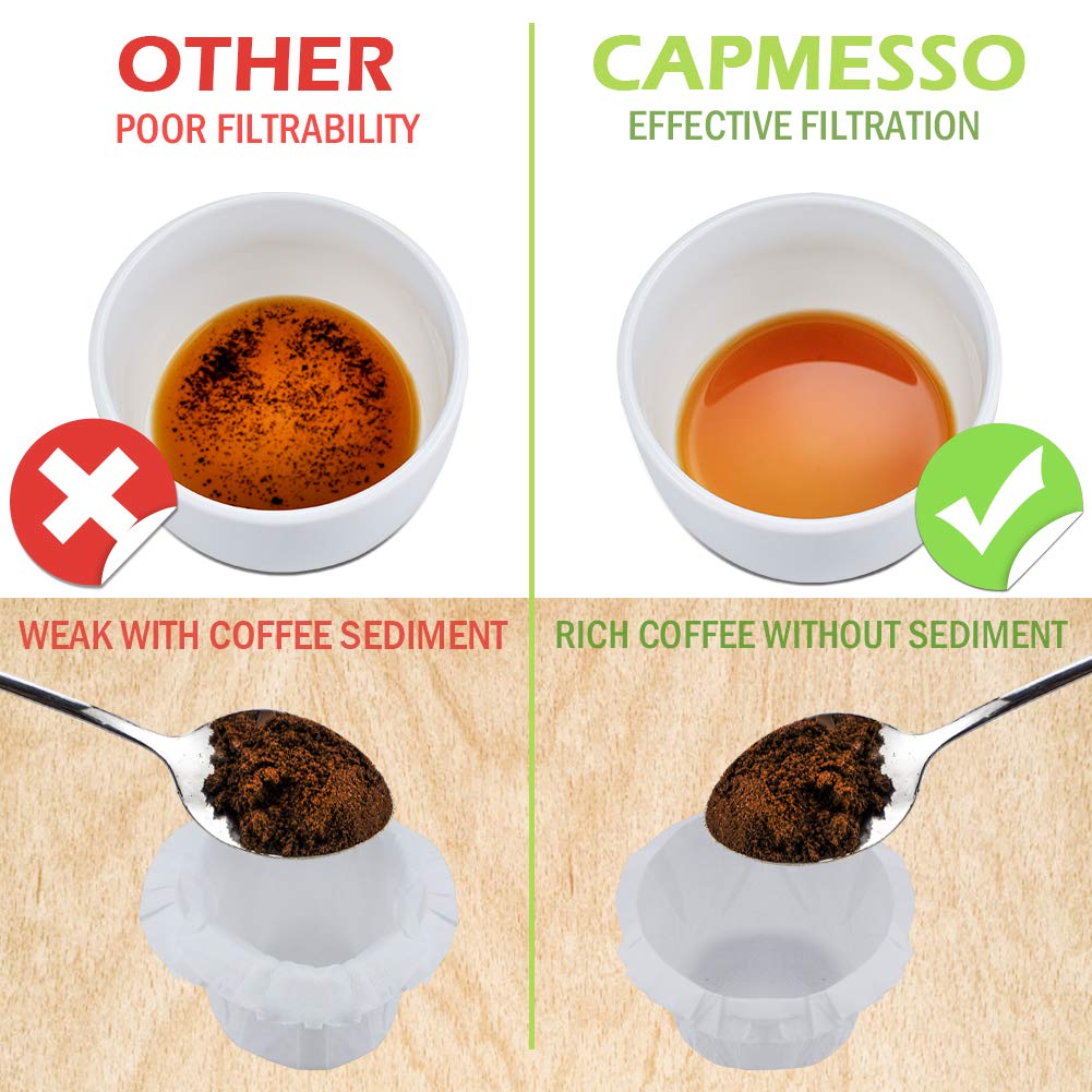 CAPMESSO disposable filters shown in use for cleaner brews with less sediment.