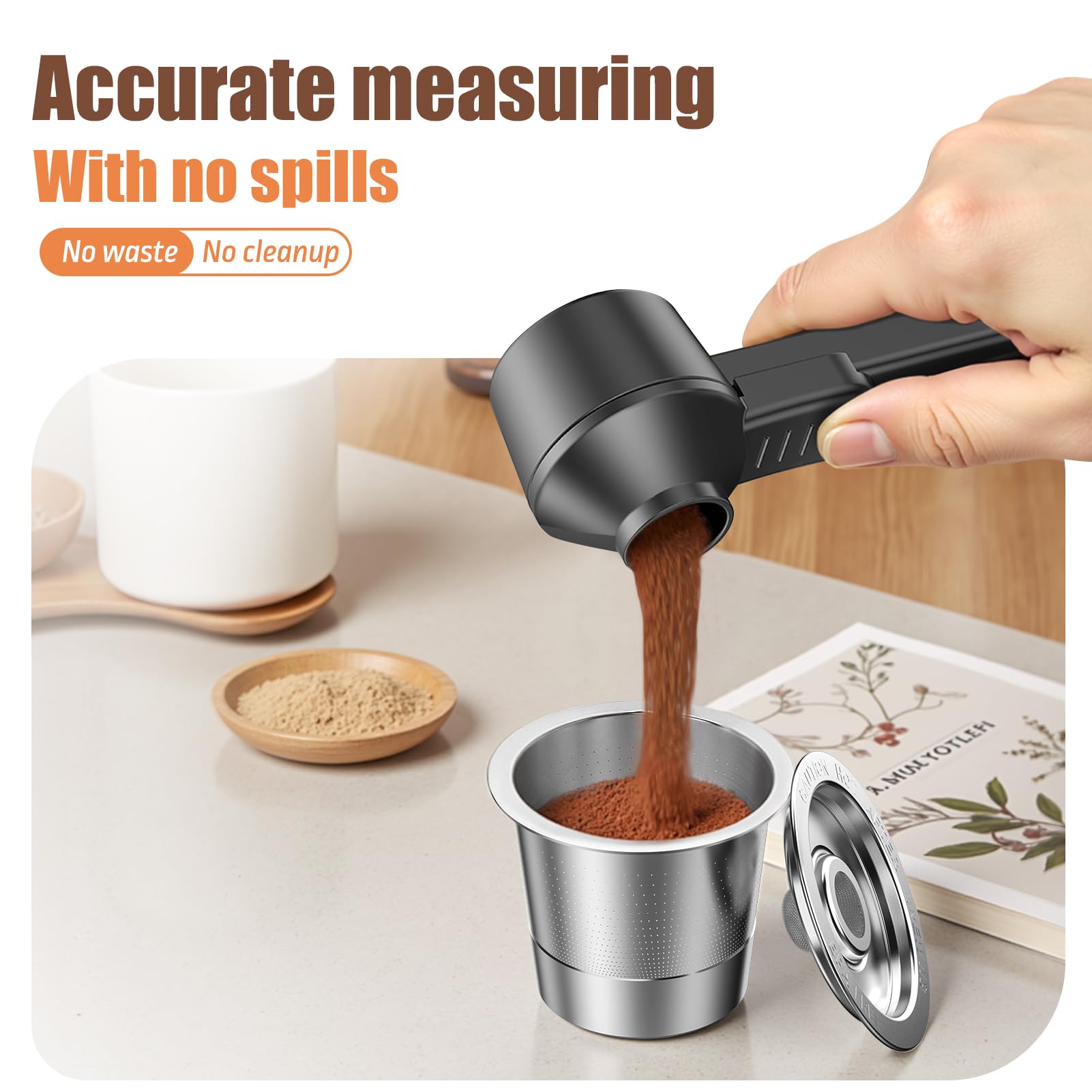 CAPMESSO no-spill pouring into a K-Cup, keeping the counter clean during prep.