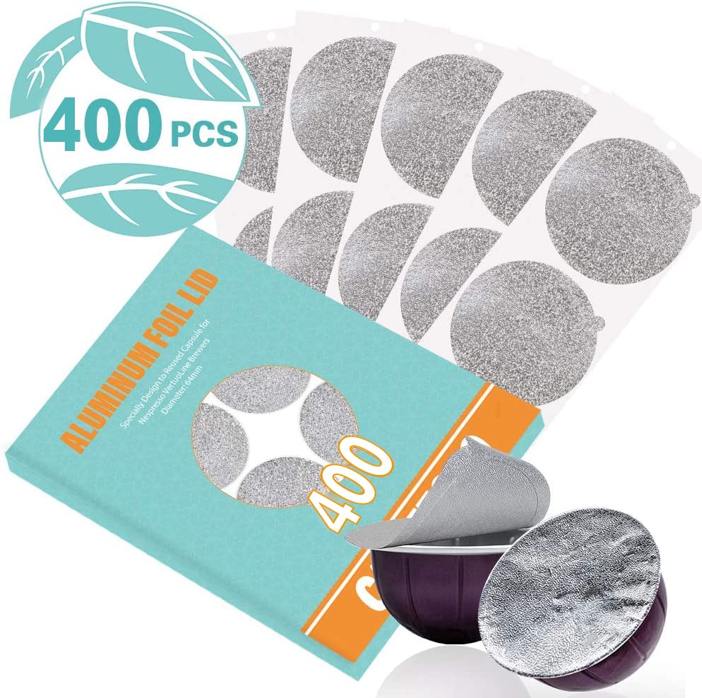 Capmesso reusable foil lids displayed with VertuoLine capsules for easy refilling and sealing.