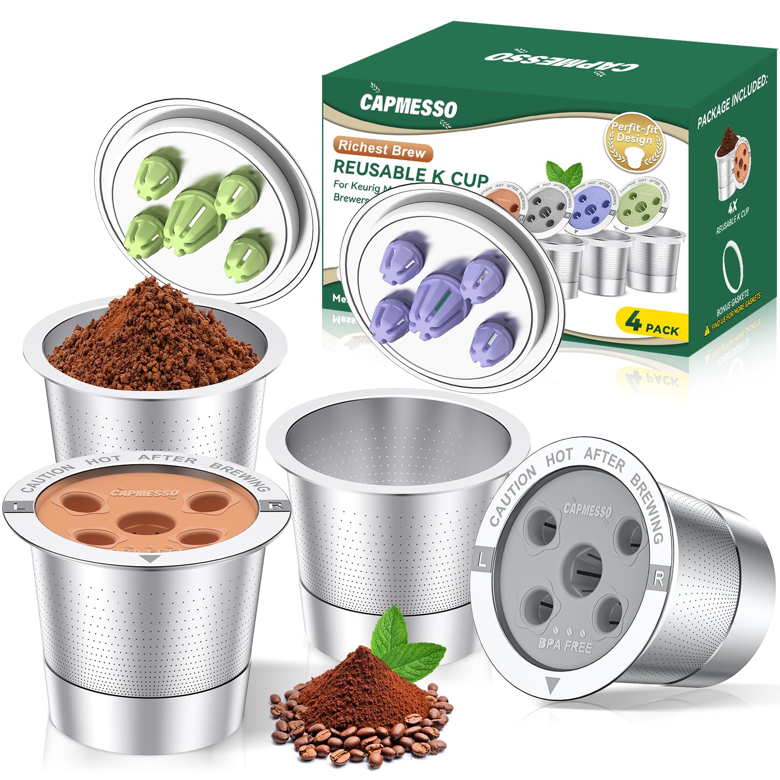 CAPMESSO reusable K cup with 5-hole lid for clean, leak-free brews