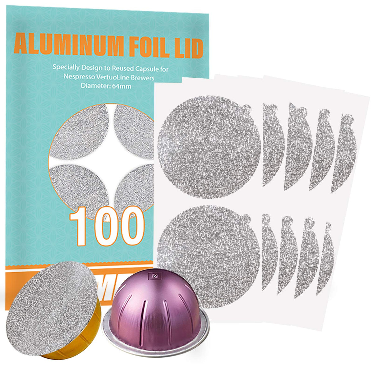CAPMESSO VertuoLine 64mm foil lids pack for reusable capsules and BPA-free use