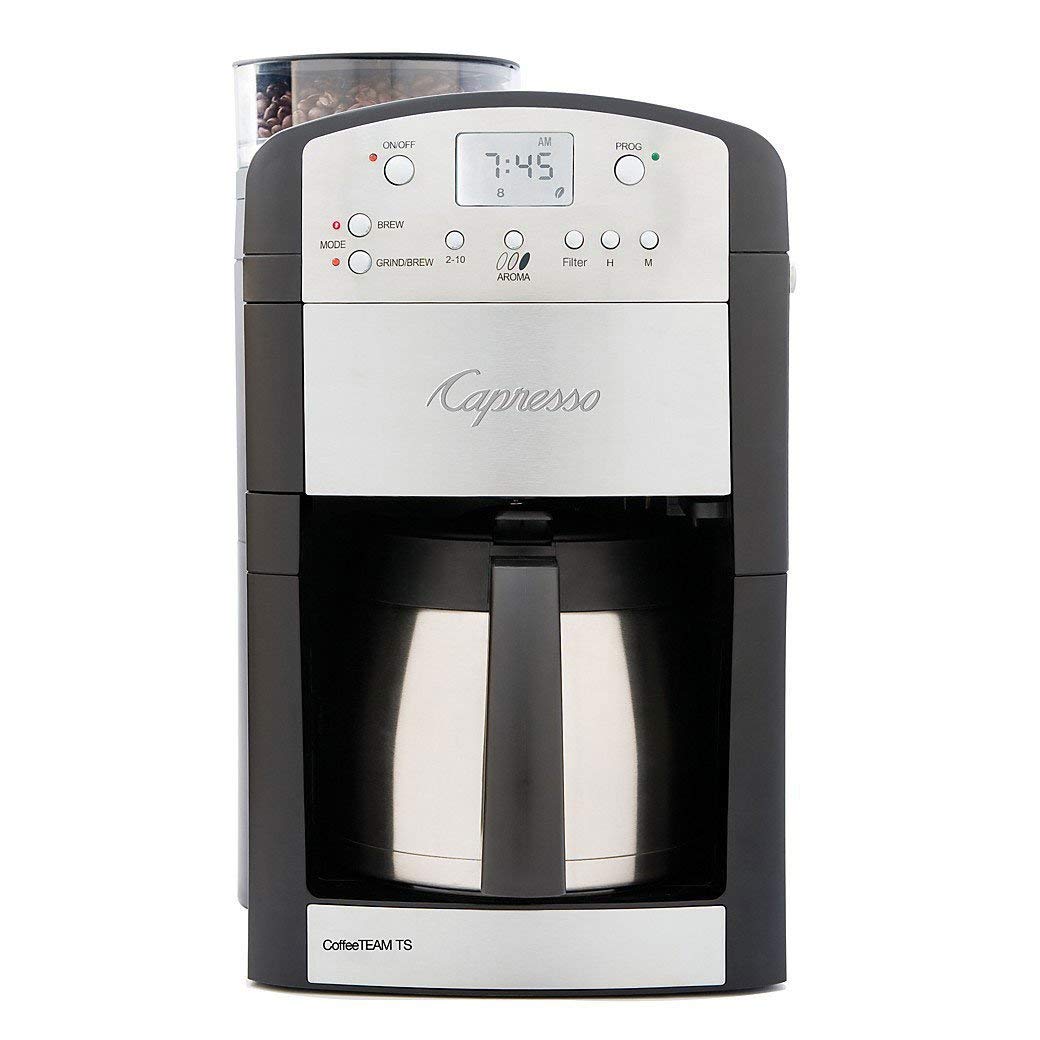 Capresso CoffeeTeam TS grinder with conical burrs delivering uniform grounds for richer aroma