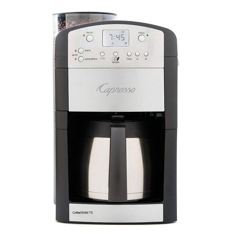 Capresso CoffeeTeam TS grinder with conical burrs delivering uniform grounds for richer aroma