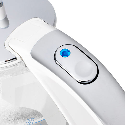 Capresso H2O Glass Kettle dome close-up emphasizing fast boiling efficiency.