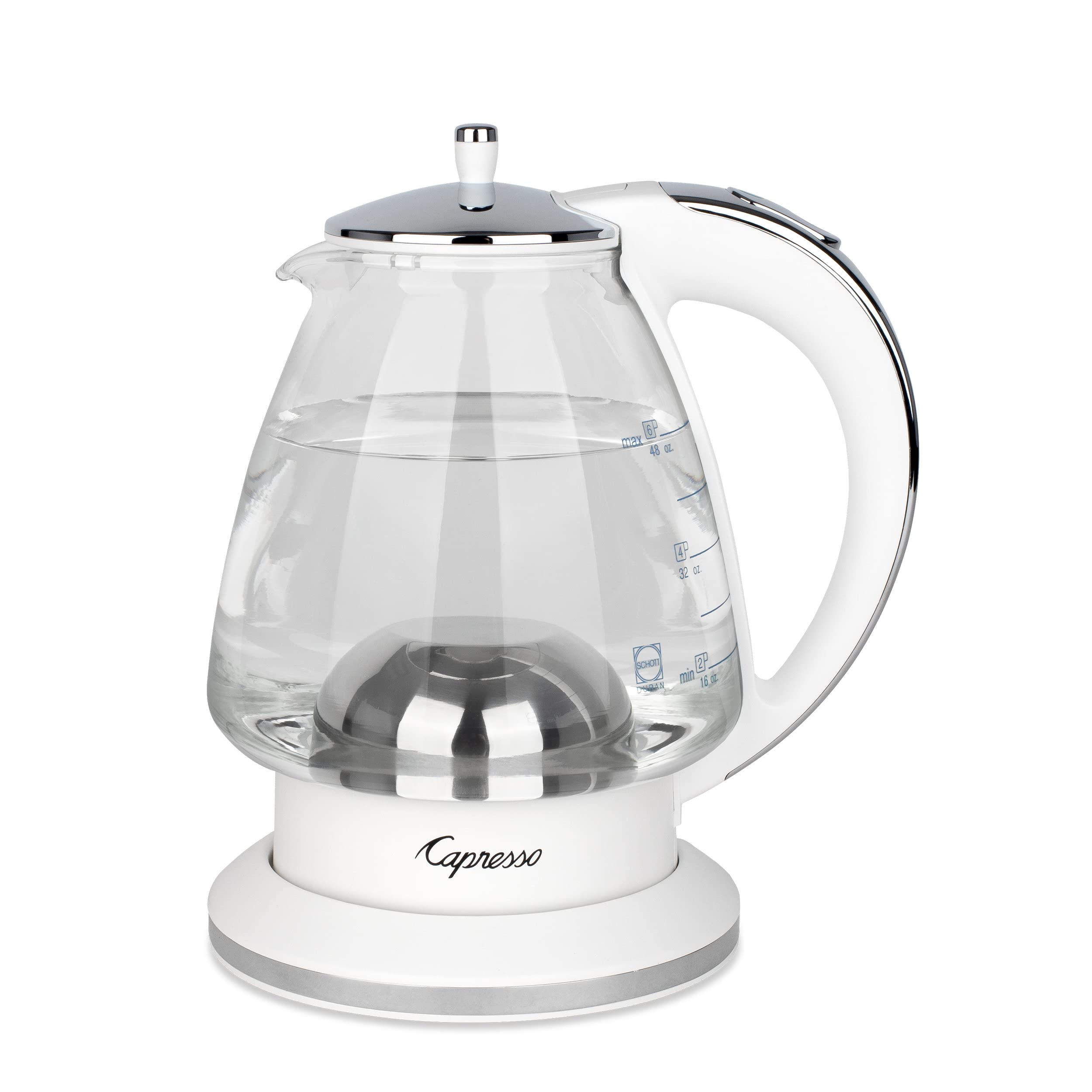 Capresso H2O Glass Kettle front view showing clear SCHOTT glass for precise filling.