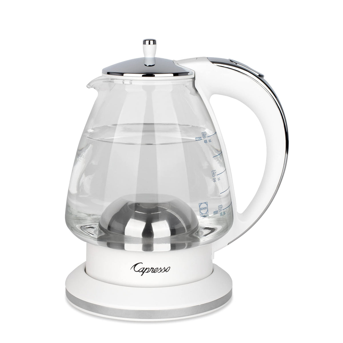 Capresso H2O Glass Kettle front view showing clear SCHOTT glass for precise filling.