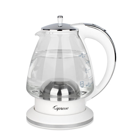 Capresso H2O Glass Kettle front view showing clear SCHOTT glass for precise filling.