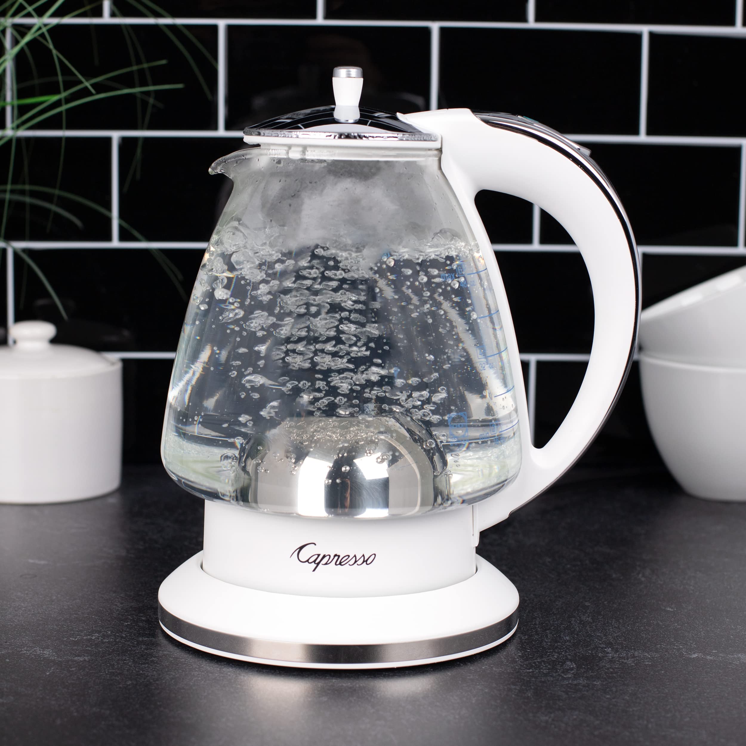 Capresso H2O Glass Kettle lid closed ready for quick tea or coffee.