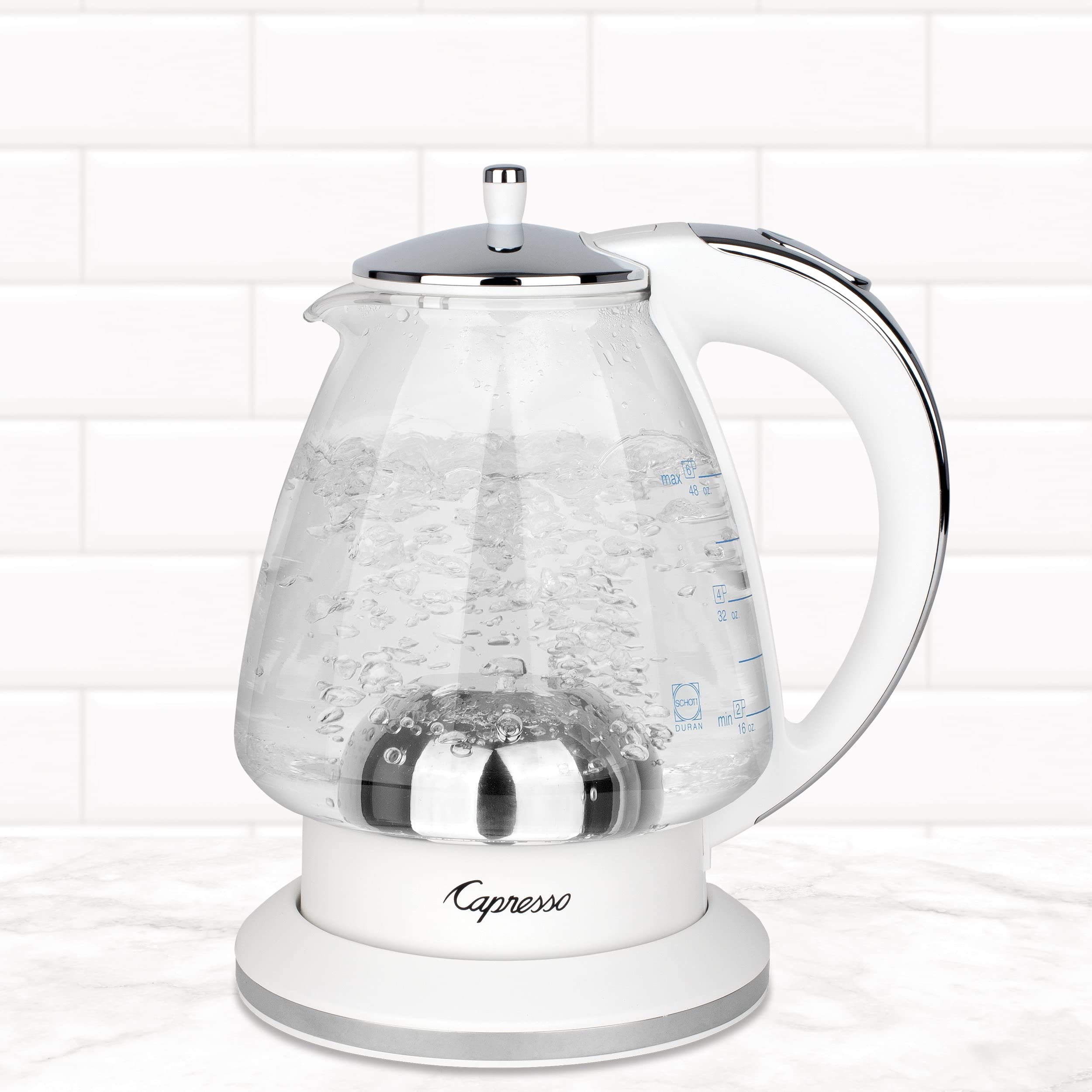 Capresso H2O Glass Kettle markings close-up aiding accurate measurement.