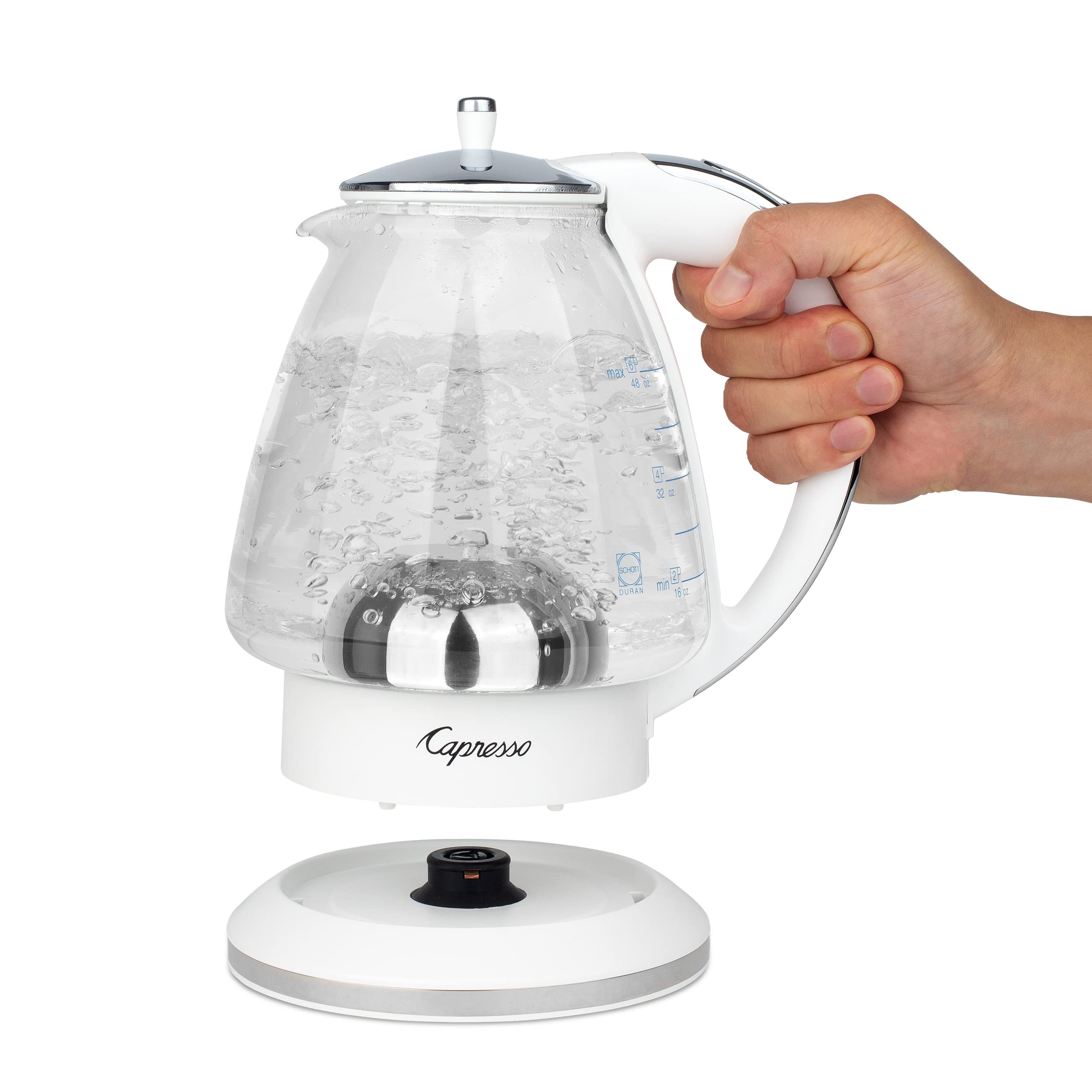 Capresso H2O Glass Kettle side view highlighting 48 oz capacity for multiple servings.