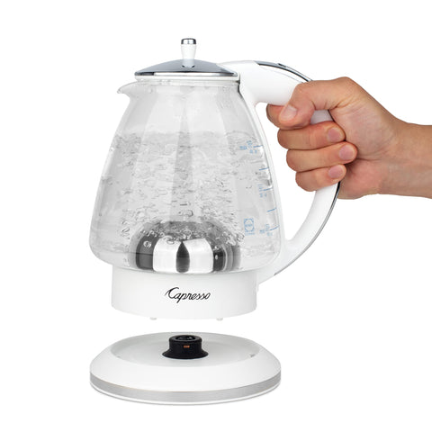 Capresso H2O Glass Kettle side view highlighting 48 oz capacity for multiple servings.