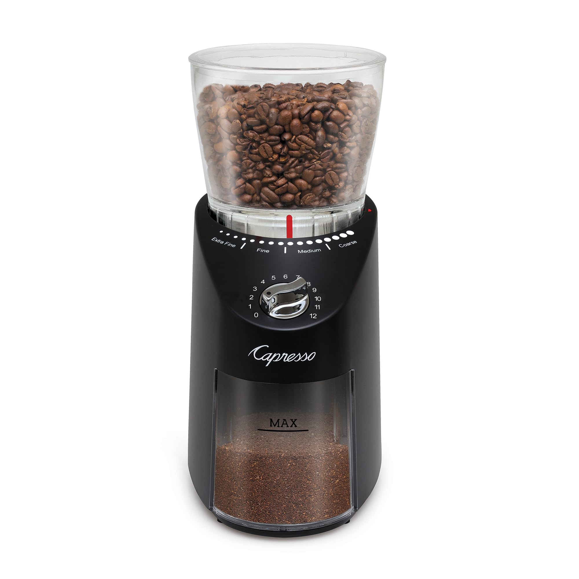 Capresso Infinity Plus removable ground coffee container holds up to 4 oz for easy handling.