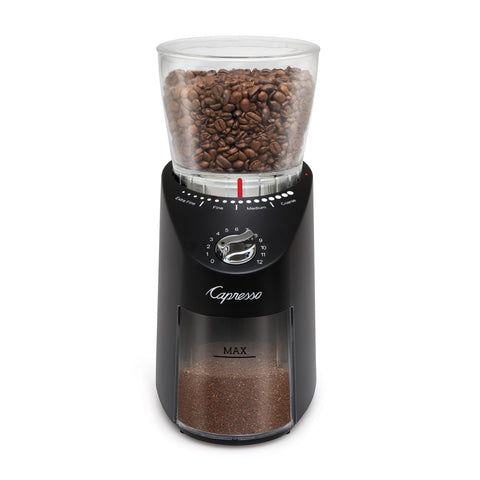 Capresso Infinity Plus removable ground coffee container holds up to 4 oz for easy handling.