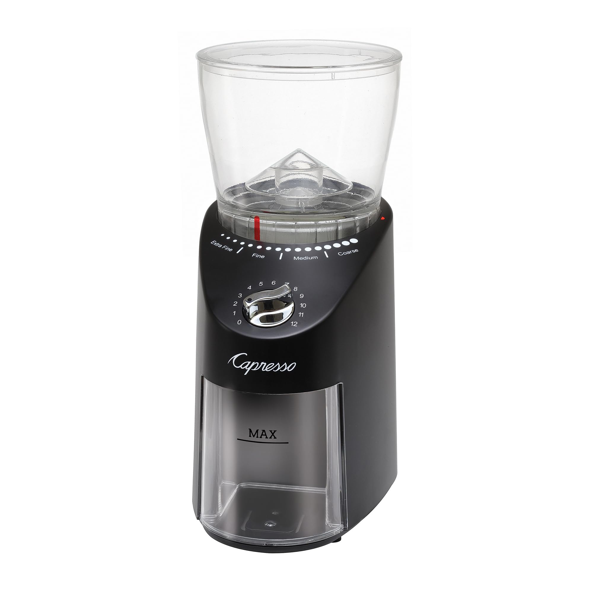 Capresso Infinity Plus see-through bean container shows 11 oz capacity at a glance.
