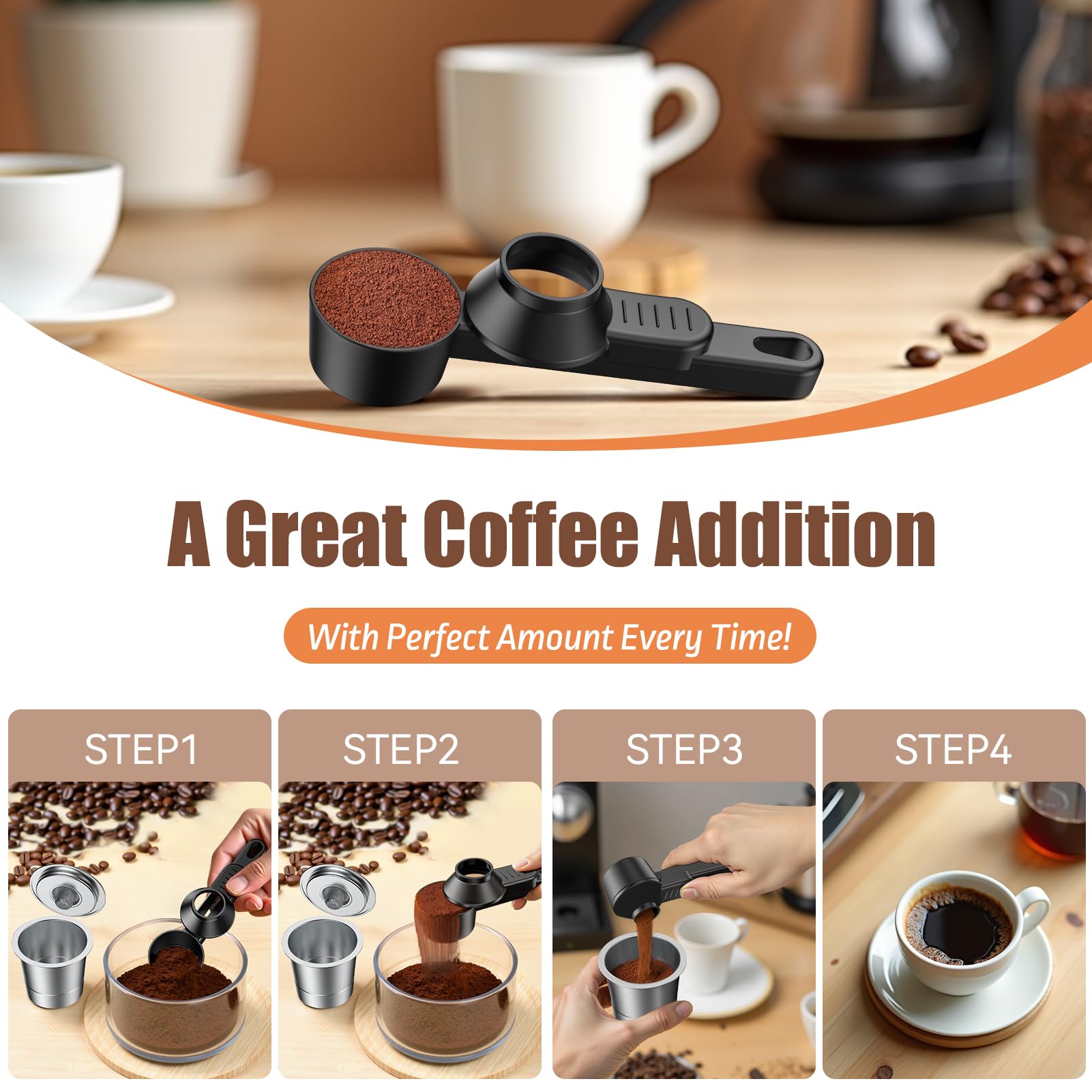 CAPMESSO multi-use scoop works for protein powder, tea, and spices.