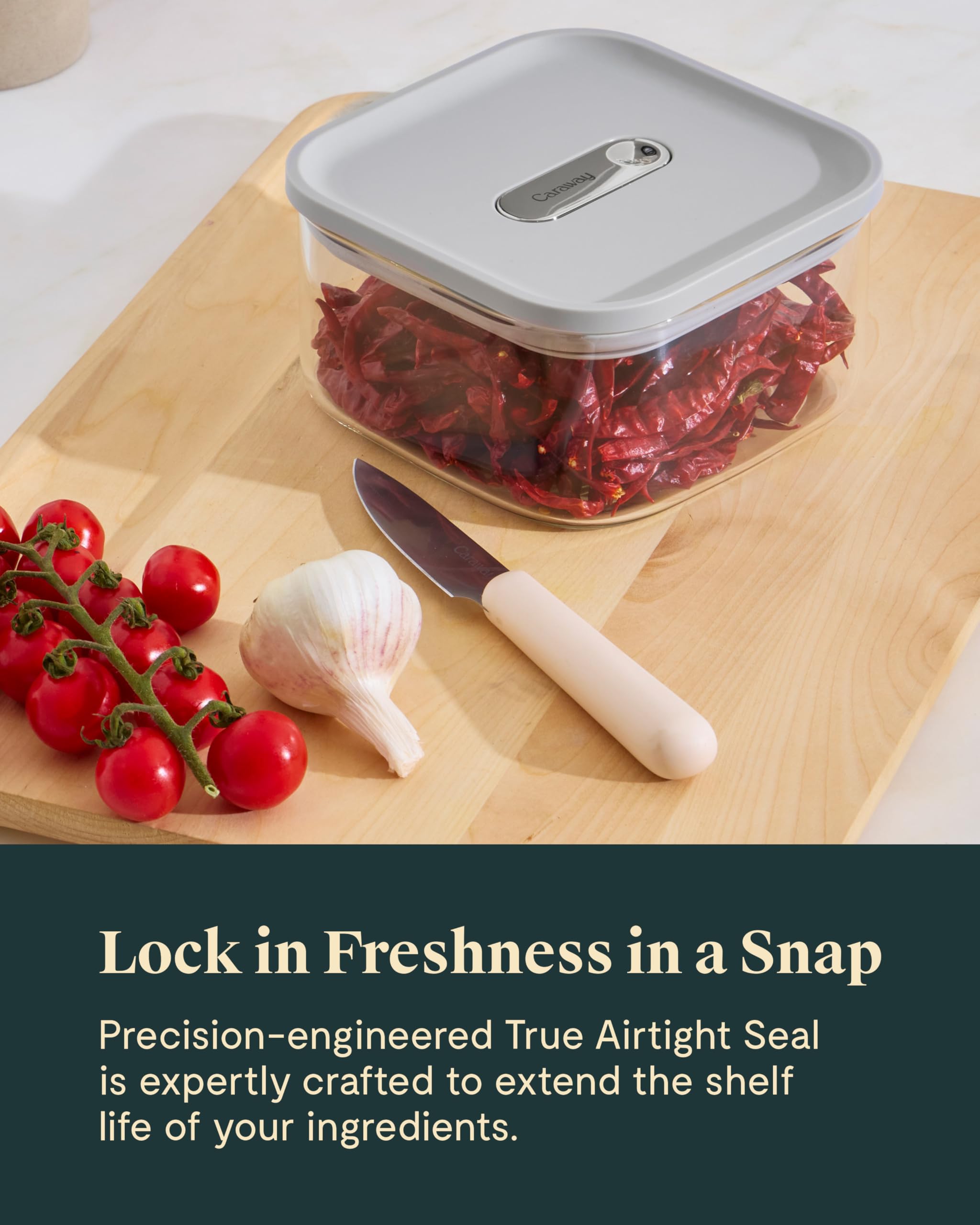 Caraway 1qt container seal protects against moisture and odors.