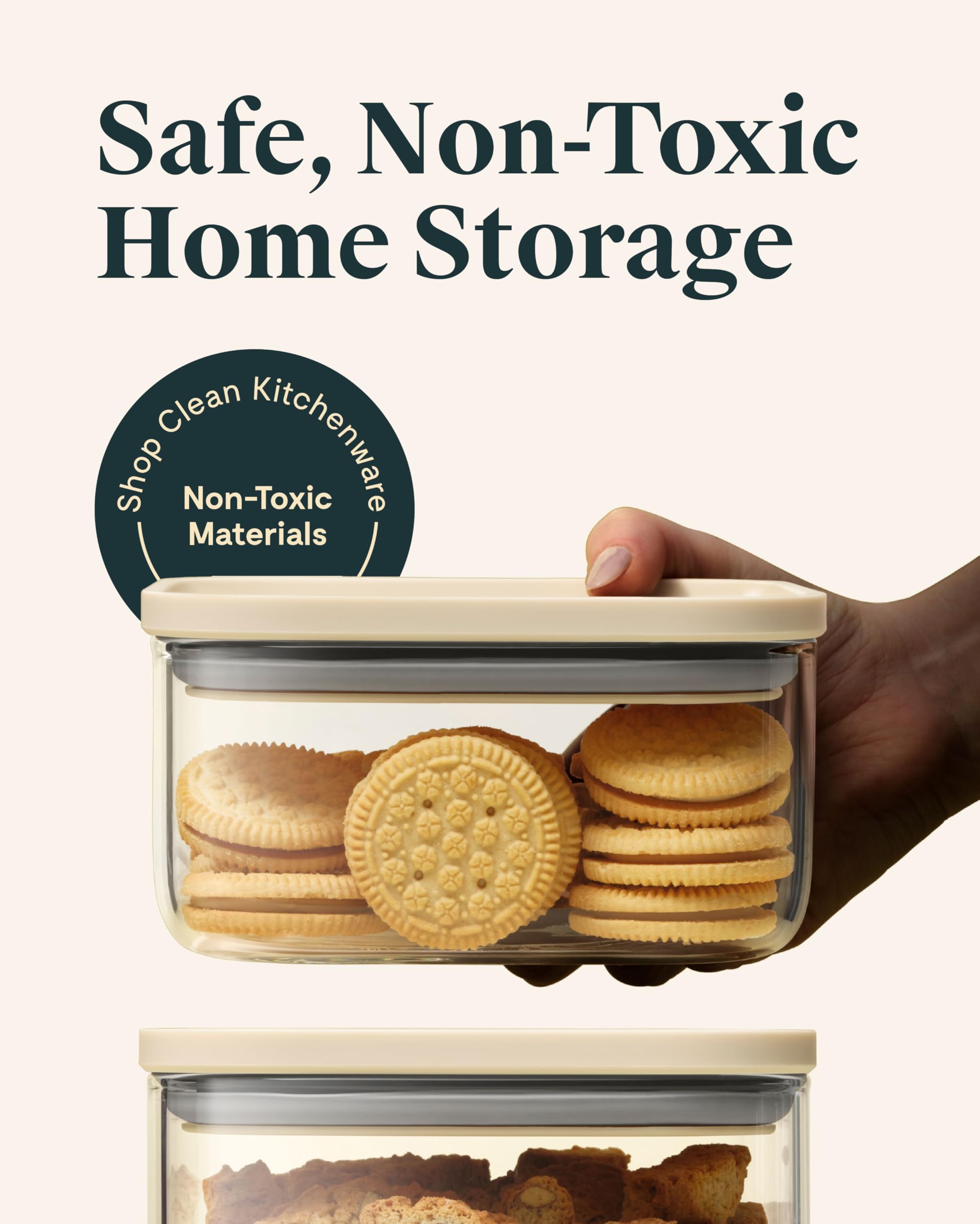Caraway 1qt glass container stackable design optimizes pantry space.