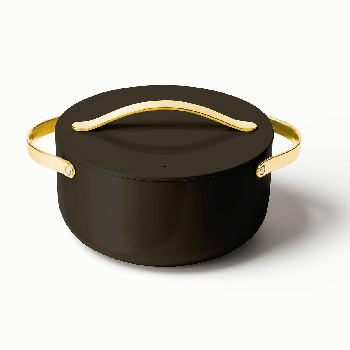 Caraway 6.5 qt Dutch Oven with lid in black, lid-on view for braises.