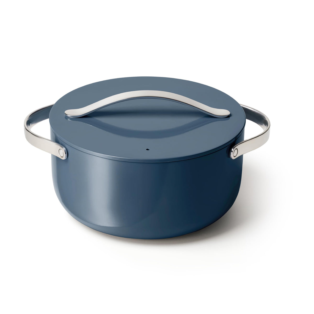 Caraway Dutch Oven 6.5qt navy with lid on, durable and stylish.