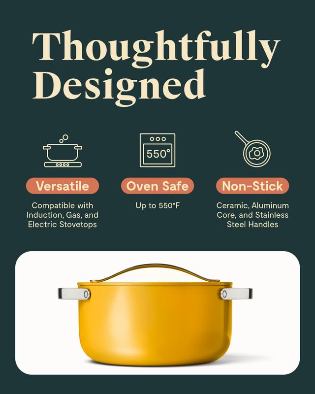 Caraway Dutch Oven marigold handle close-up, smooth grip for comfortable cooking.