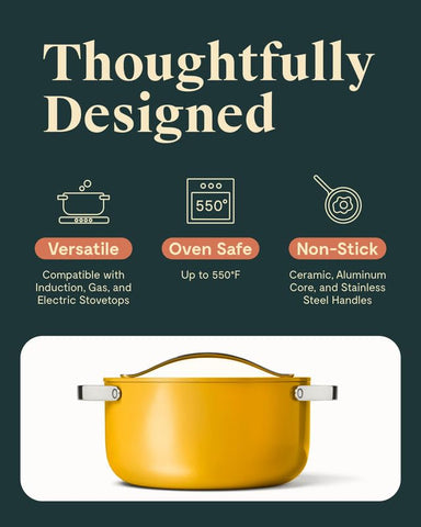 Caraway Dutch Oven marigold handle close-up, smooth grip for comfortable cooking.