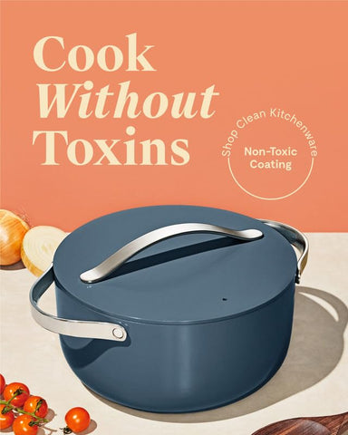 Caraway Dutch Oven navy exterior highlights vibrant color and sturdy construction.