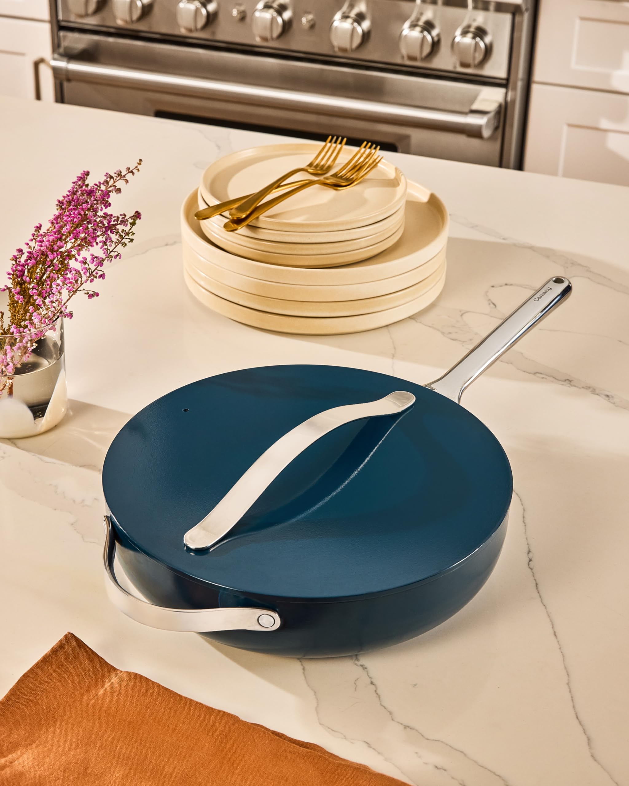 Caraway pan handle design offers comfortable grip and controlled stirring.