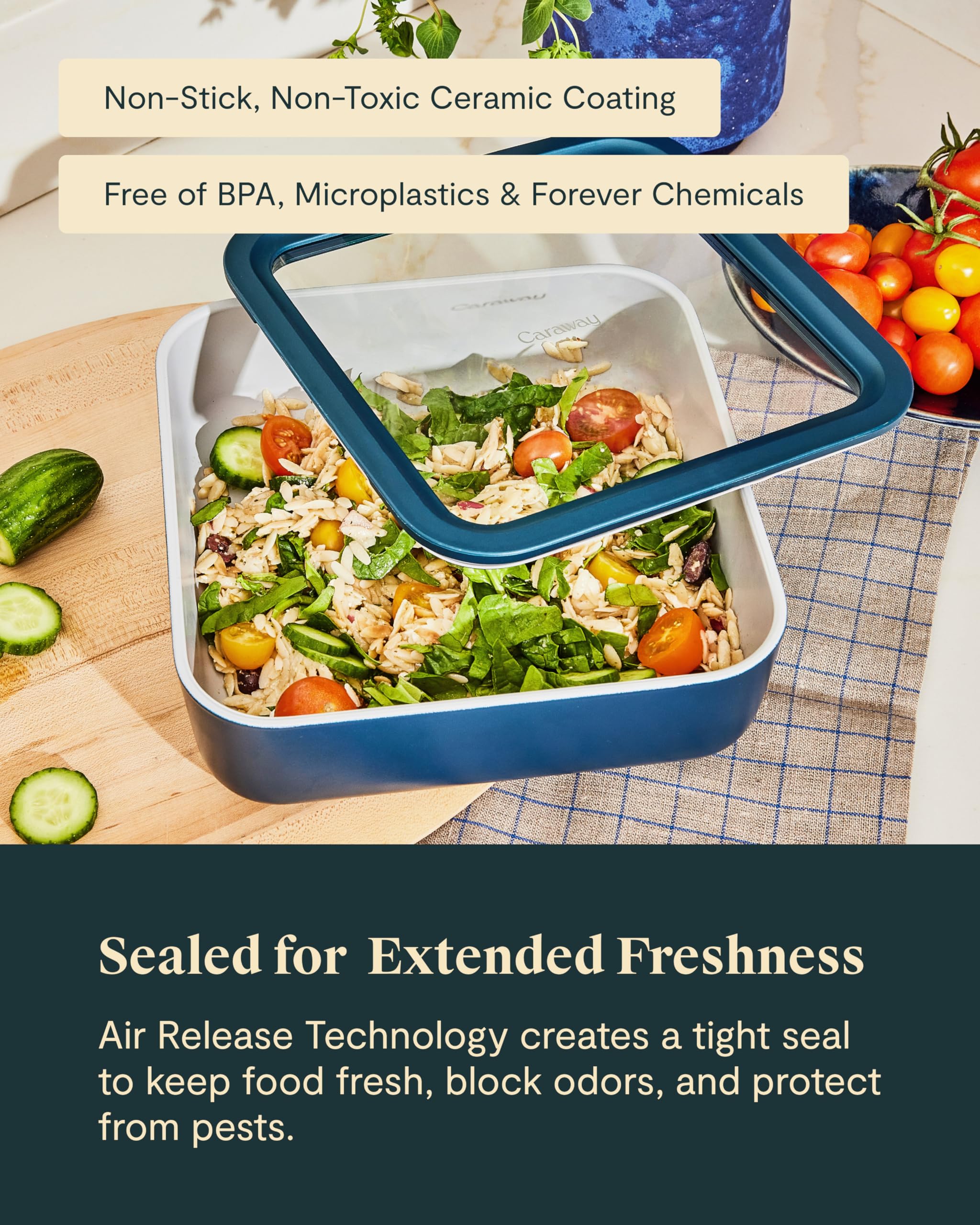 Caraway versatile refrigerator to oven use keeps meals ready.