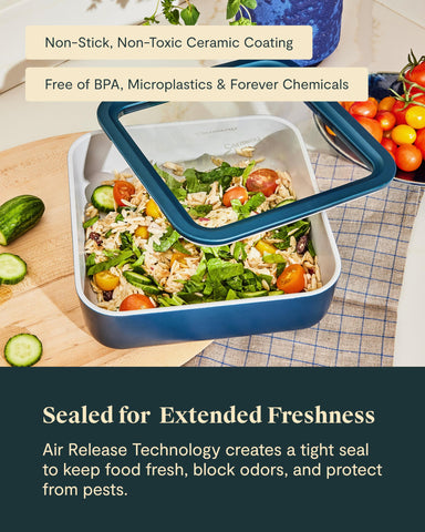 Caraway versatile refrigerator to oven use keeps meals ready.