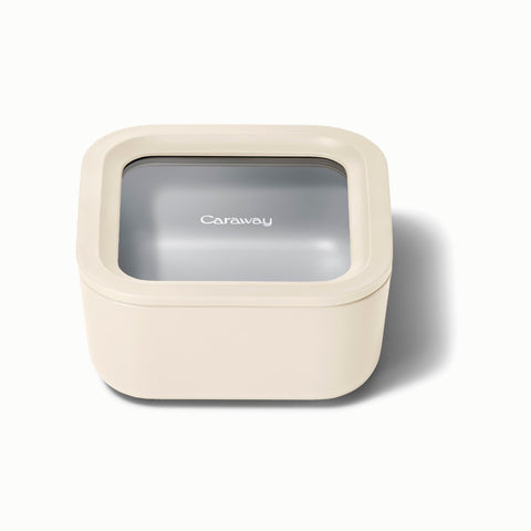 Caraway 4.4-cup glass container with clear lid for easy viewing and freshness.