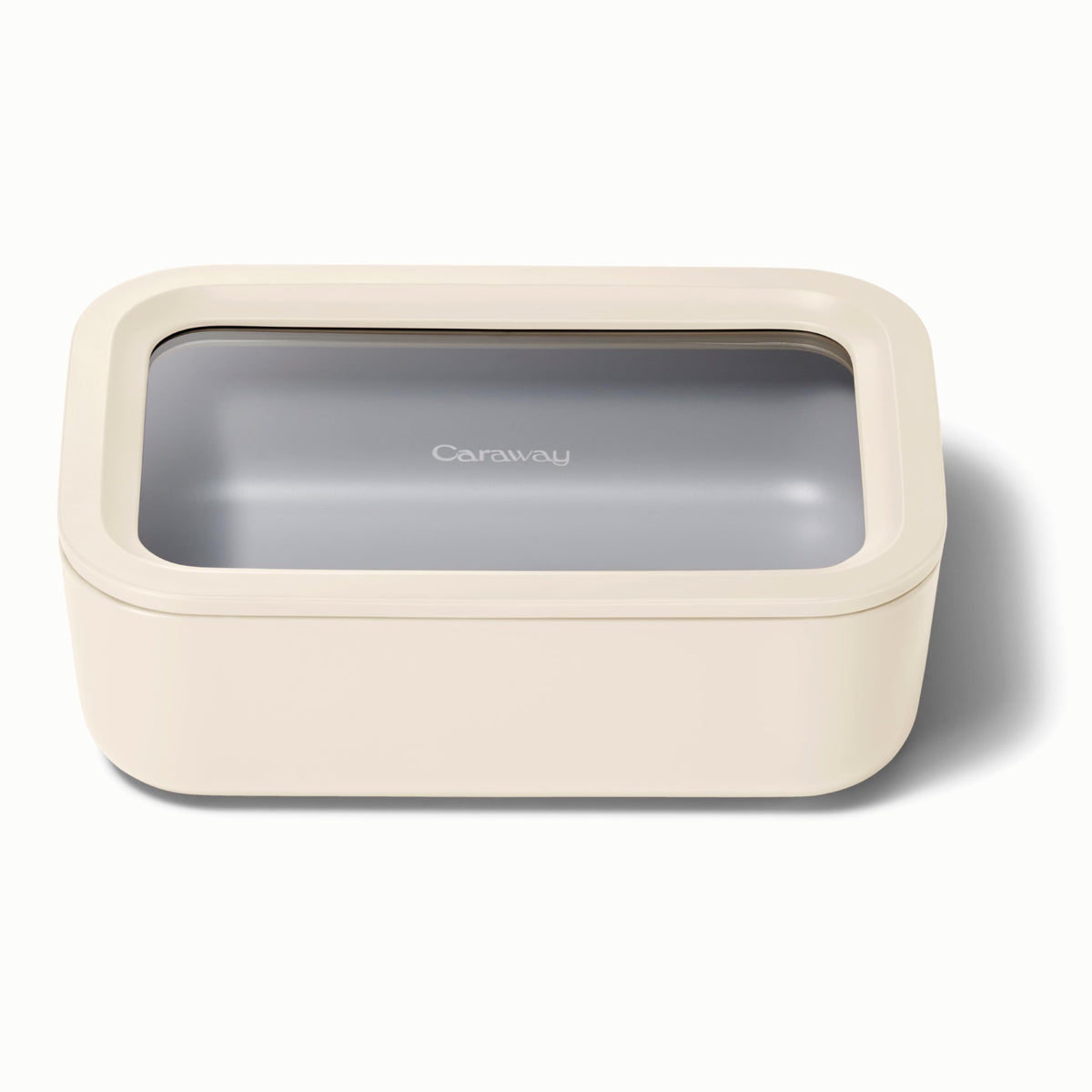 Caraway glass storage six point six cup container with clear lid for leftovers.
