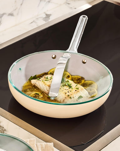 Caraway dishwasher-safe glass lid for easy cleanup after cooking