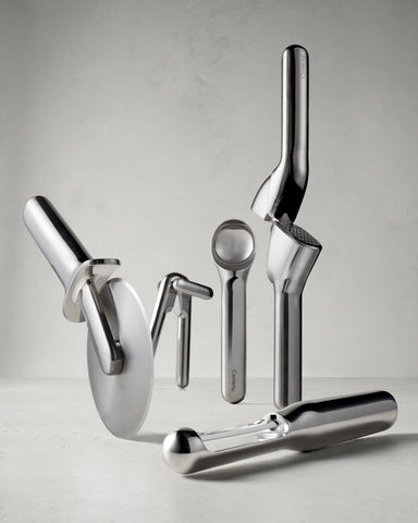 Caraway ice cream scoop on counter highlights stylish, non-toxic stainless steel.