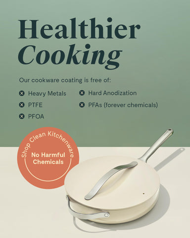 Caraway navy cookware adds a modern color touch to kitchen decor.