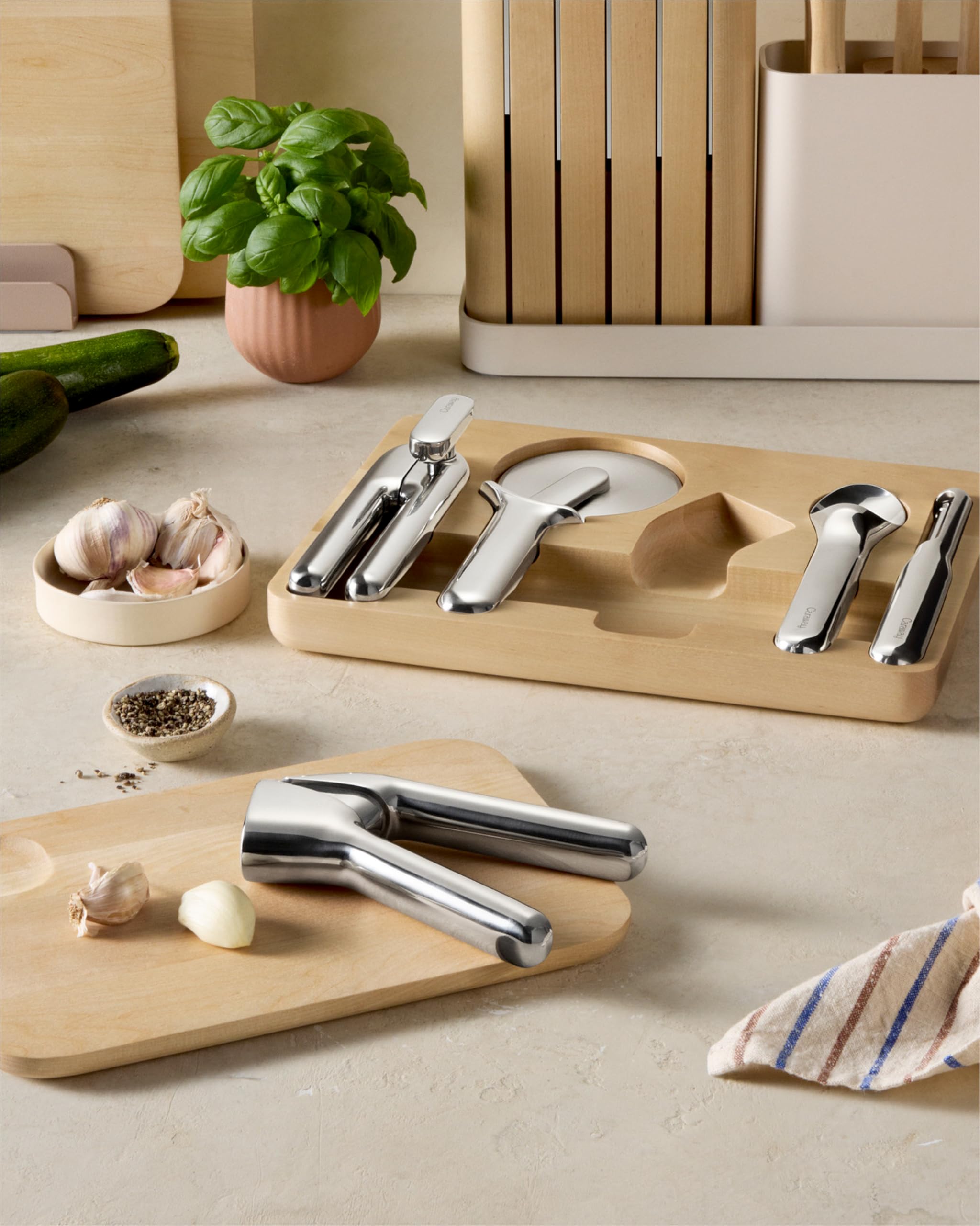 Caraway set-in-wood organizer showcases sustainable storage for the 5-piece set.