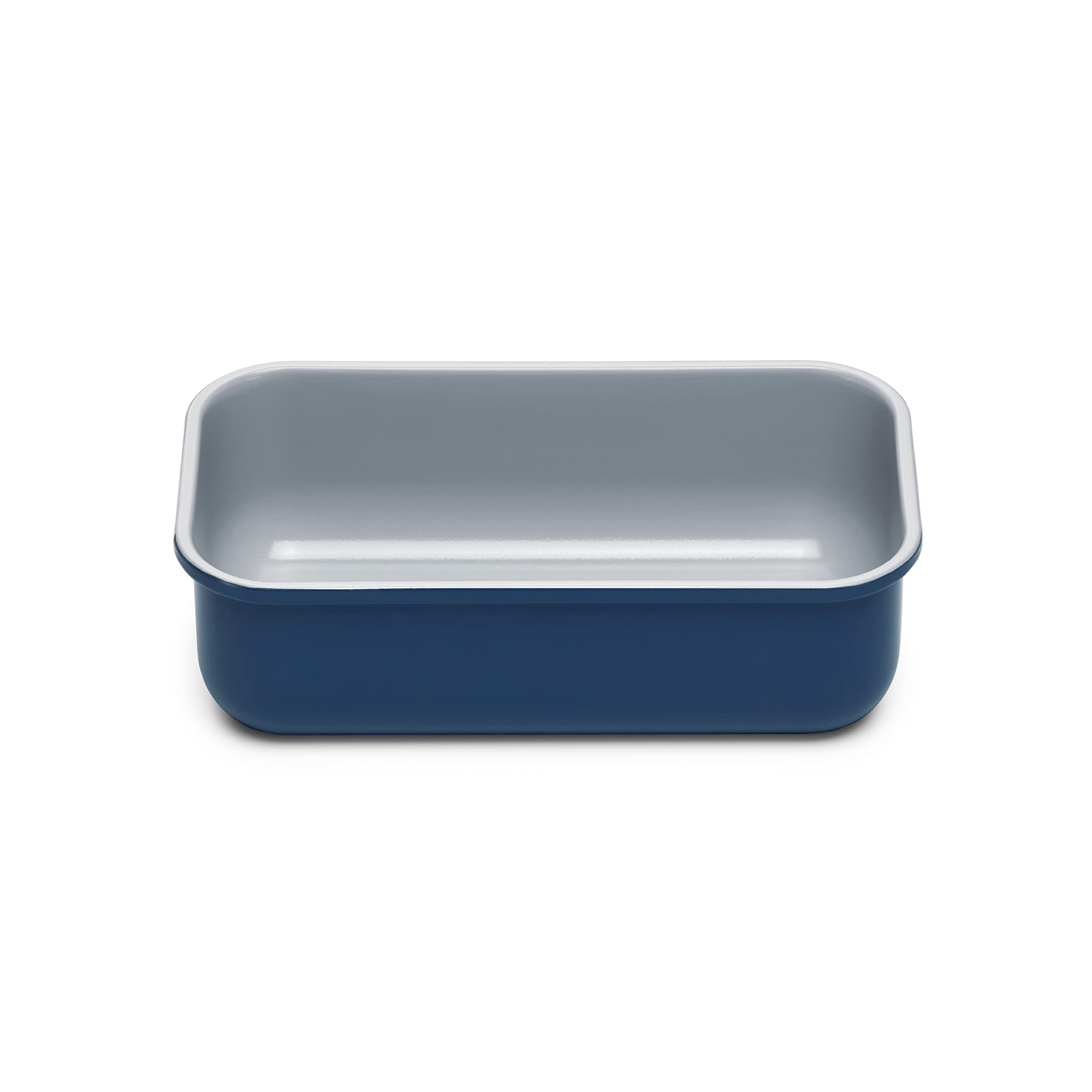Caraway loaf pan navy front view shows sleek, non-toxic bakeware for pound cakes.