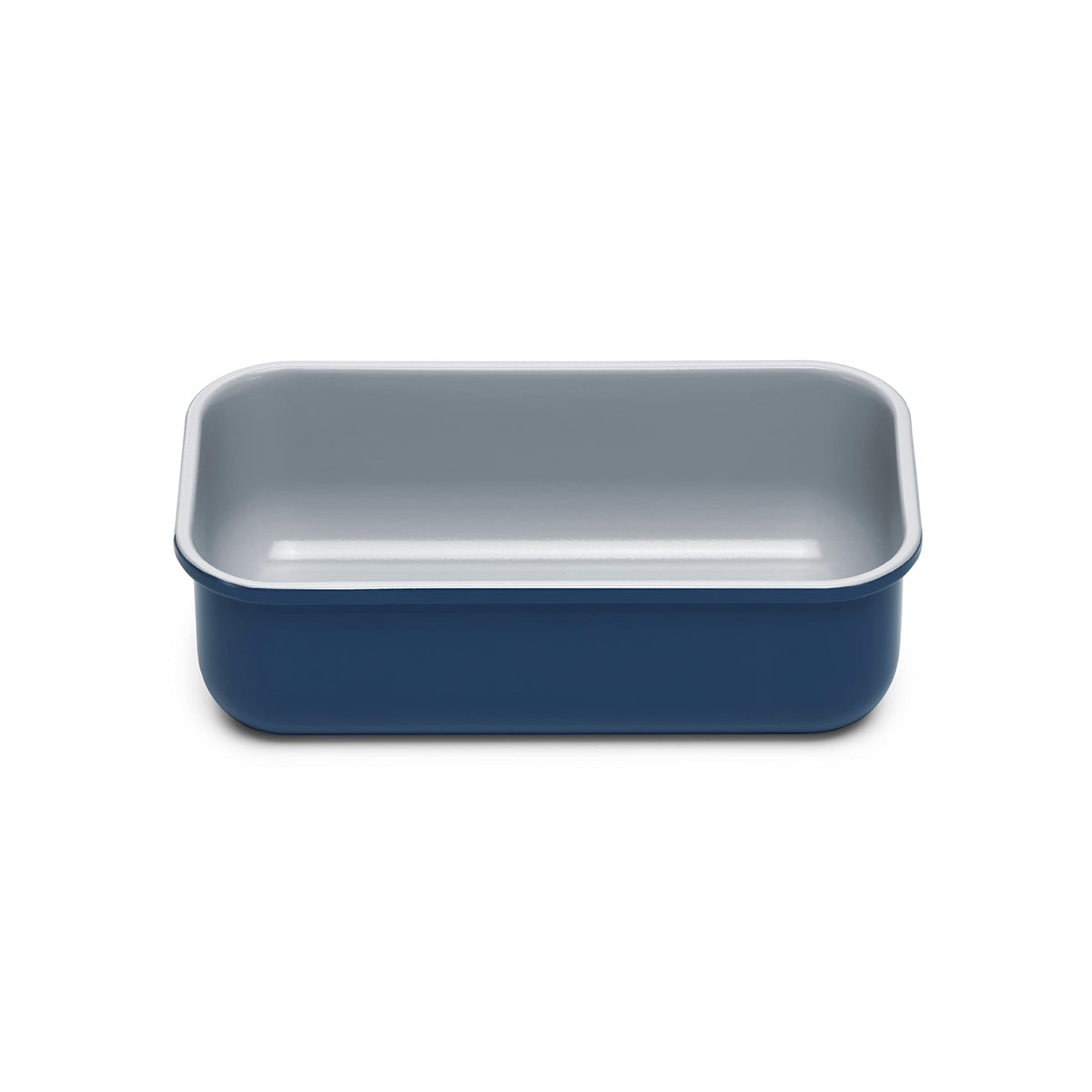 Caraway loaf pan navy front view shows sleek, non-toxic bakeware for pound cakes.