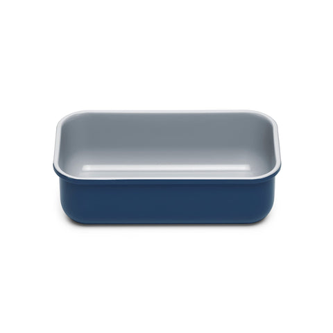 Caraway loaf pan navy front view shows sleek, non-toxic bakeware for pound cakes.