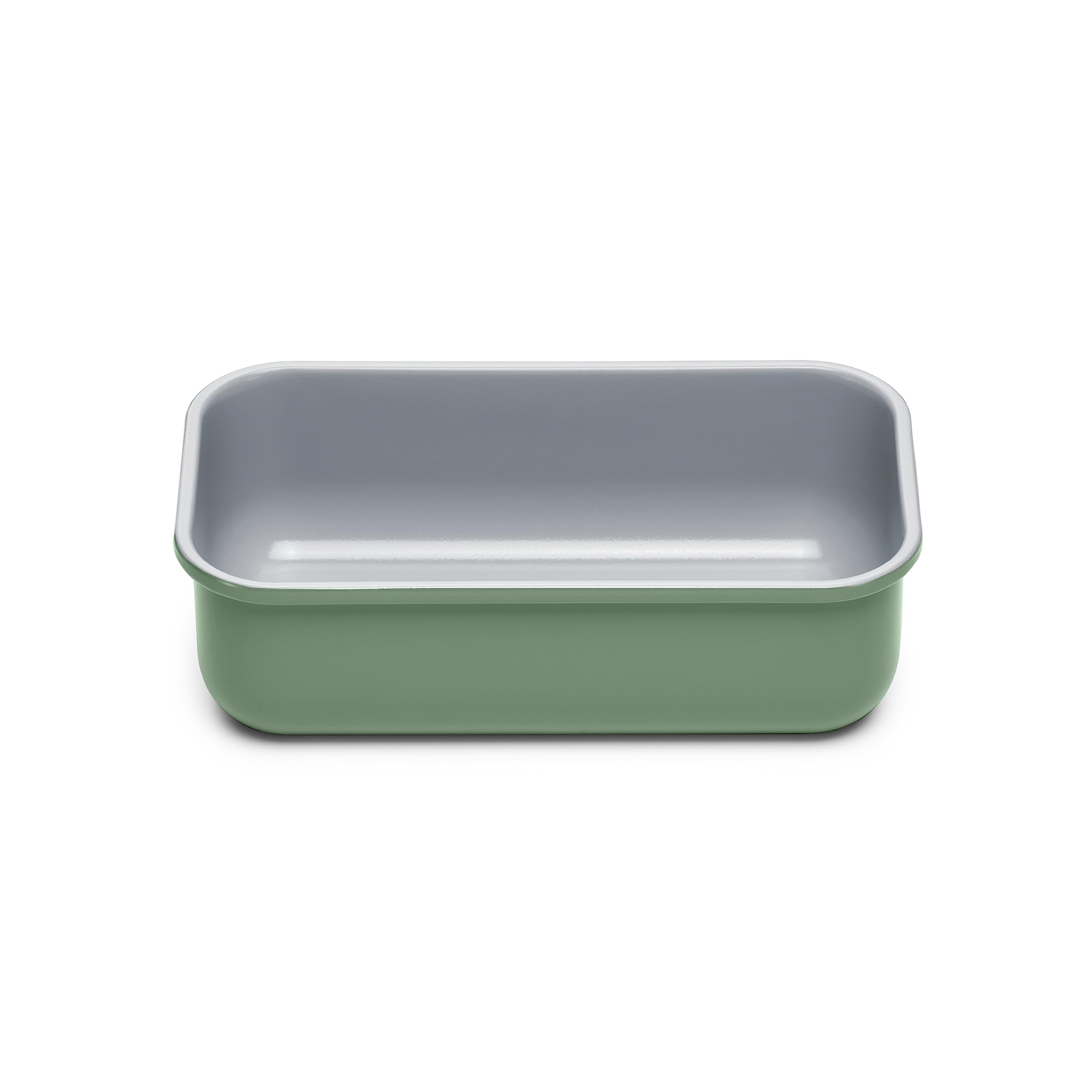 Caraway loaf pan sage side view for even baking and easy release.