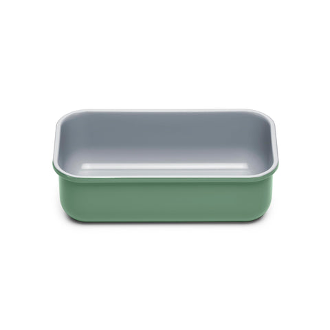 Caraway loaf pan sage side view for even baking and easy release.