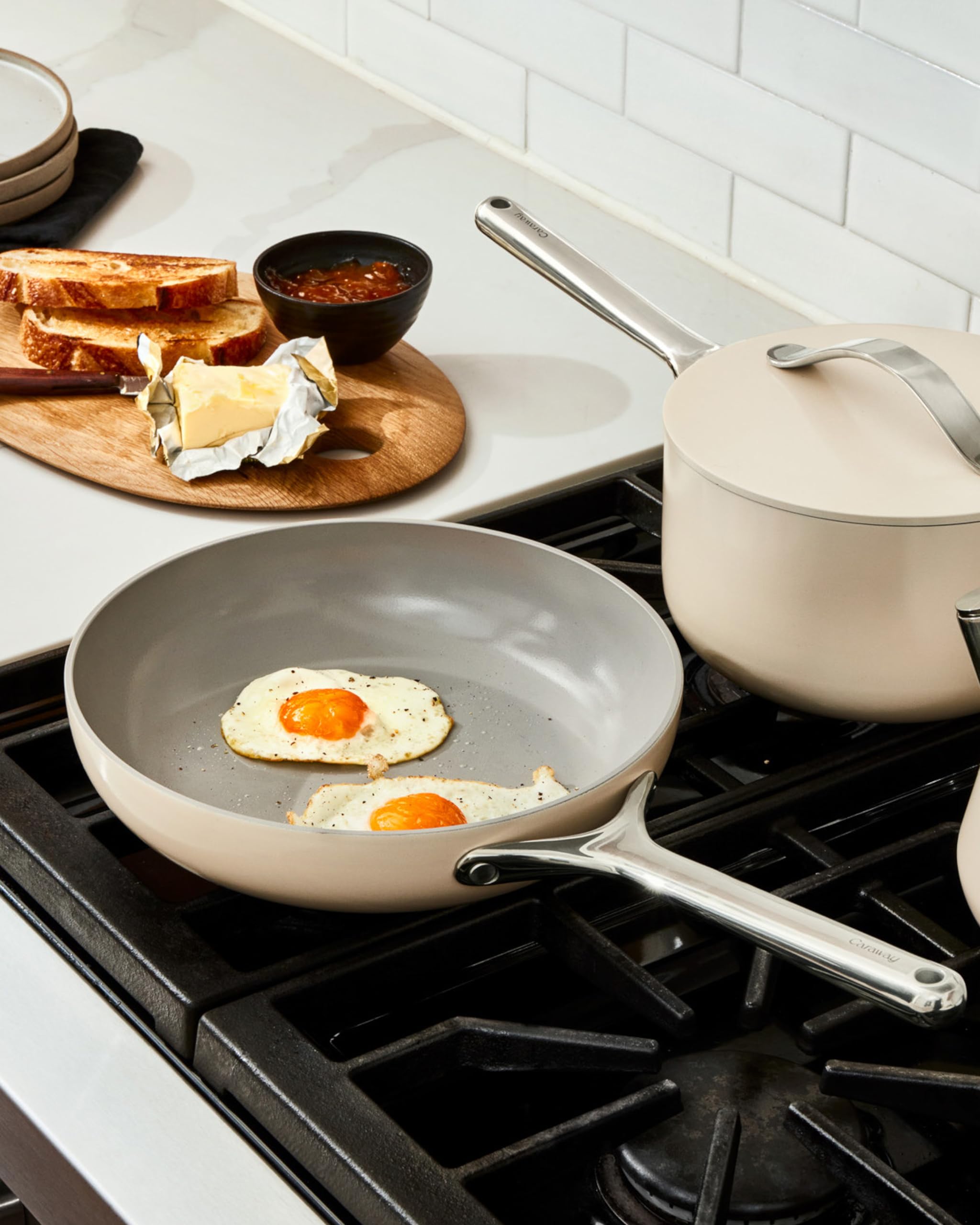 Caraway mini fry pan cream on induction compatible for versatile tops.