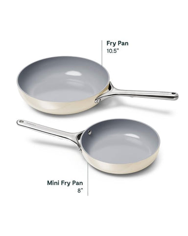 Caraway mini fry pan cream easy-clean finish minimizes scrubbing after cooking.